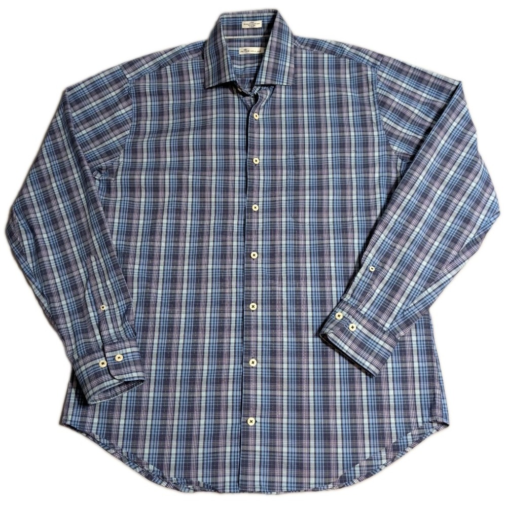 Peter Millar Crown Sport Shirt Mens L Blue Purple Plaid Performance MF18W29CSL